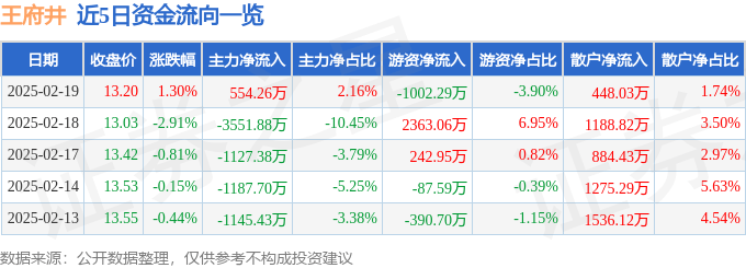 股票行情快报：王府井（600859）2月19日主力资金净买入554.26万元
