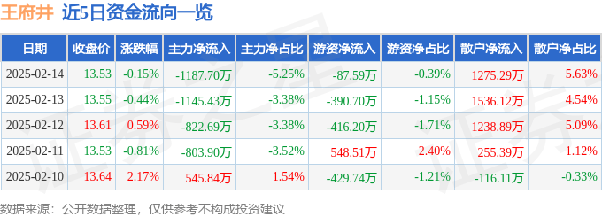 股票行情快报：王府井（600859）2月14日主力资金净卖出1187.70万元