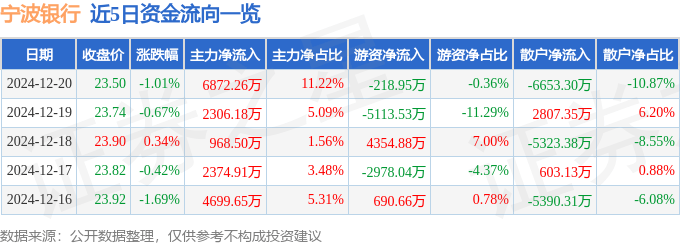 股票行情快报：宁波银行（002142）12月20日主力资金净买入6872.26万元