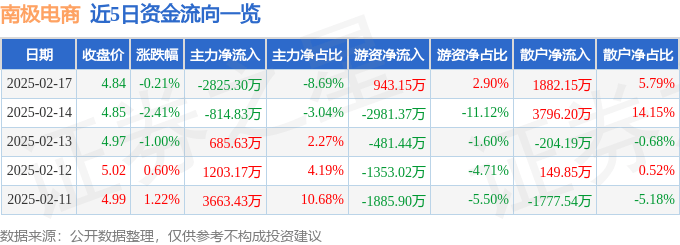 股票行情快报：南极电商（002127）2月17日主力资金净卖出2825.30万元